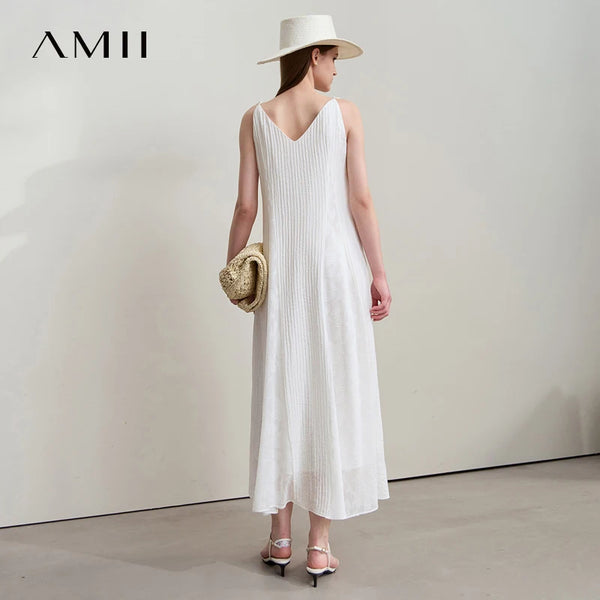 រ៉ូប Amii Minimalism Vacation Beige Summer 2025 រ៉ូបថ្មីសម្រាប់នារី Office កាត់ផ្កា A Line ដៃខ្លី ធម្មតា ចងជារាង Fairy 12542190