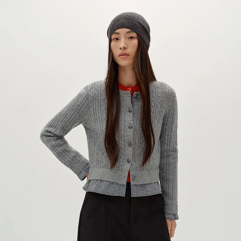 Semir Women Cardigan Cropped Knit Mock Two Piece Cable Plaid Vintage Winter Fashion Sweater Layered Style Outfit 2026
