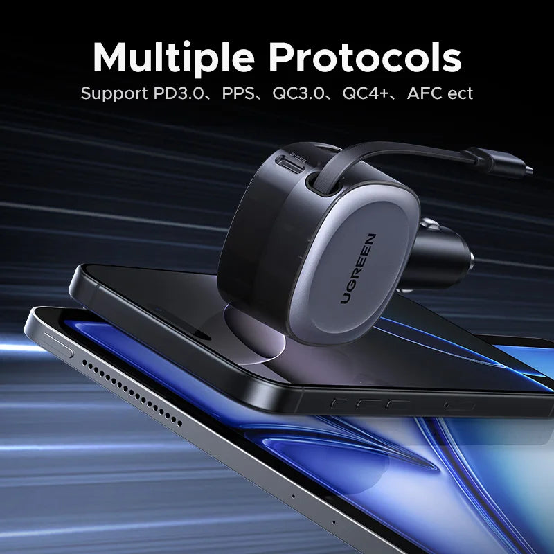UGREEN 75W Car Charger 2 in 1 Retractable Cable SCP 25W QC PD 30W Fast Car Phone Charger For iPad iPhone 17 16 15 14 Pro Samsung