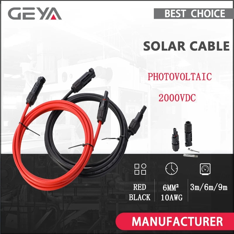 ខ្សែ សូឡា GEYA 2000VDC ជាមួយ ឧបករណ៍ ភ្ជាប់ 3/6/9 ម៉ែត្រ ខ្សែ បន្ទះ សូឡា 6mm2 ខ្សែ សូឡា Photovoltaic 10AWG 1 គូ ក្រហម និង ខ្មៅ