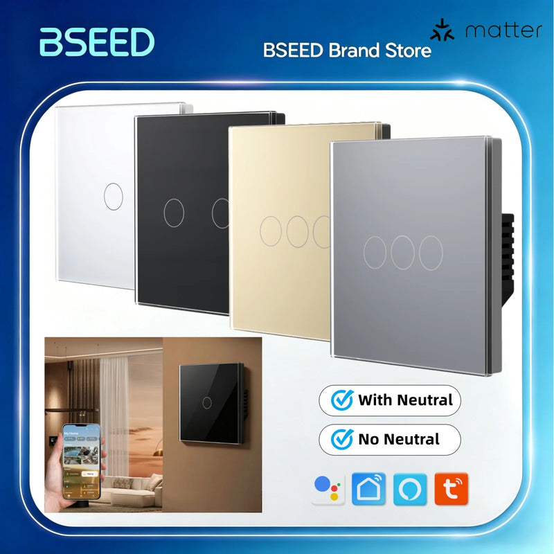 BSEED Matter WIFI Touch Switch 1/2/3Gang Smart Light Switch Support Apple Home Tuya APP Google Assistant Alexa Voice Control