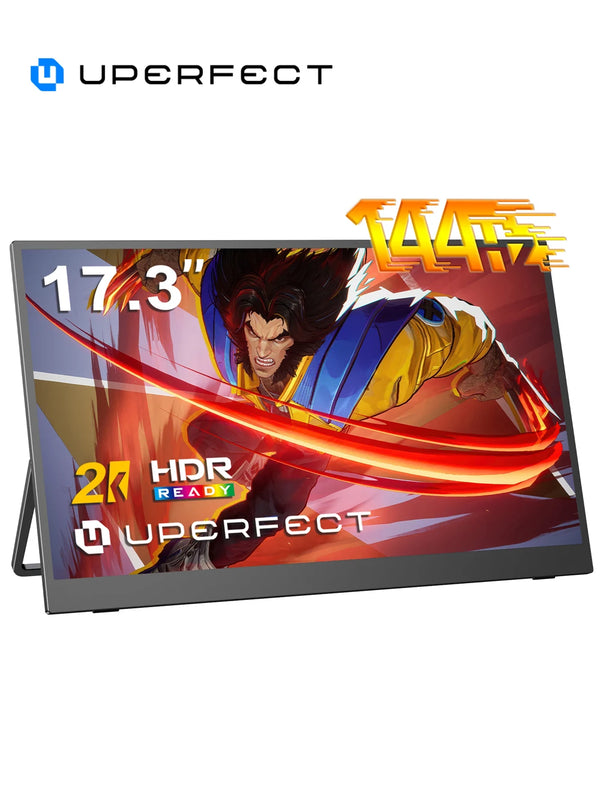 ម៉ូនីទ័រចល័ត UPERFECT ទំហំ 17.3 អ៊ីញ អត្រាធ្វើឱ្យស្រស់ 144HZ អេក្រង់ 2K 105.70% SRGB ជាមួយជើងទម្រ អេក្រង់ IPS ស្ដើងបំផុត HDMI និង USB-C