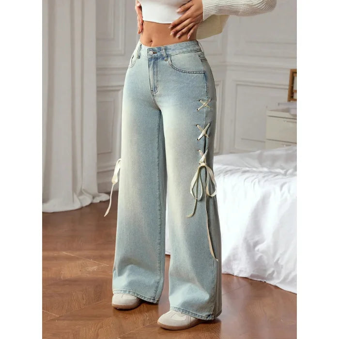 Light Blue Women's Jeans with X-shaped Drawstrings on Both Sides—stylish, Casual Wide-leg Pants.