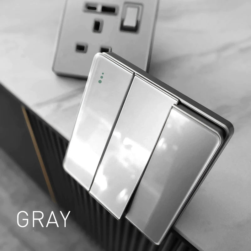 Deluxe Grey Tempered Glass Panel UK 13A Plug Electrical Socket, Double 5 Pin Socket and Switch, EU Universal USB C Wall Socket