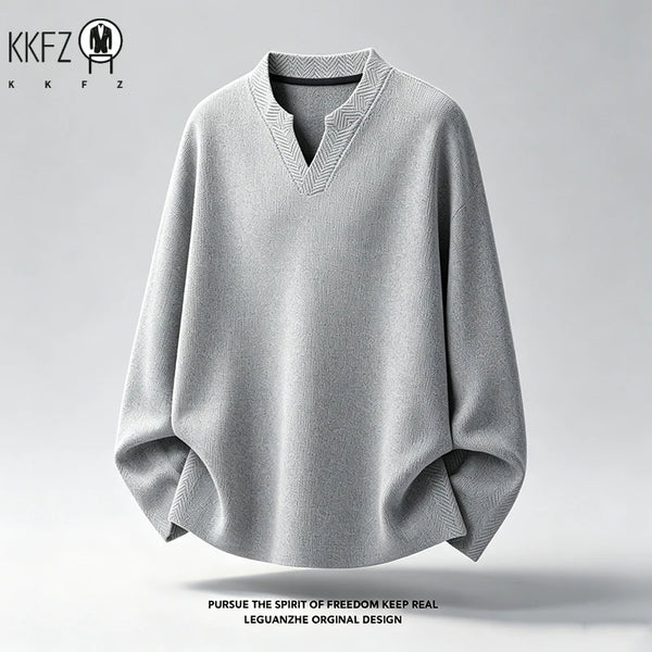 Mens Notched V Neck Long Sleeve Shirt Herringbone Woven Pattern Loose Fit For Daily Casual Occasions