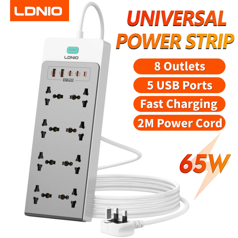 បន្ទះ ភ្លើង LDNIO 65W 13-in-1 ការពារ ការ ឡើង កម្ដៅ ខ្សែ បន្ថែម 2 ម៉ែត្រ រន្ធ ដោត ជា សកល EU KR UK US ដោត USB C ស្ថានីយ សាក ថ្ម លឿន
