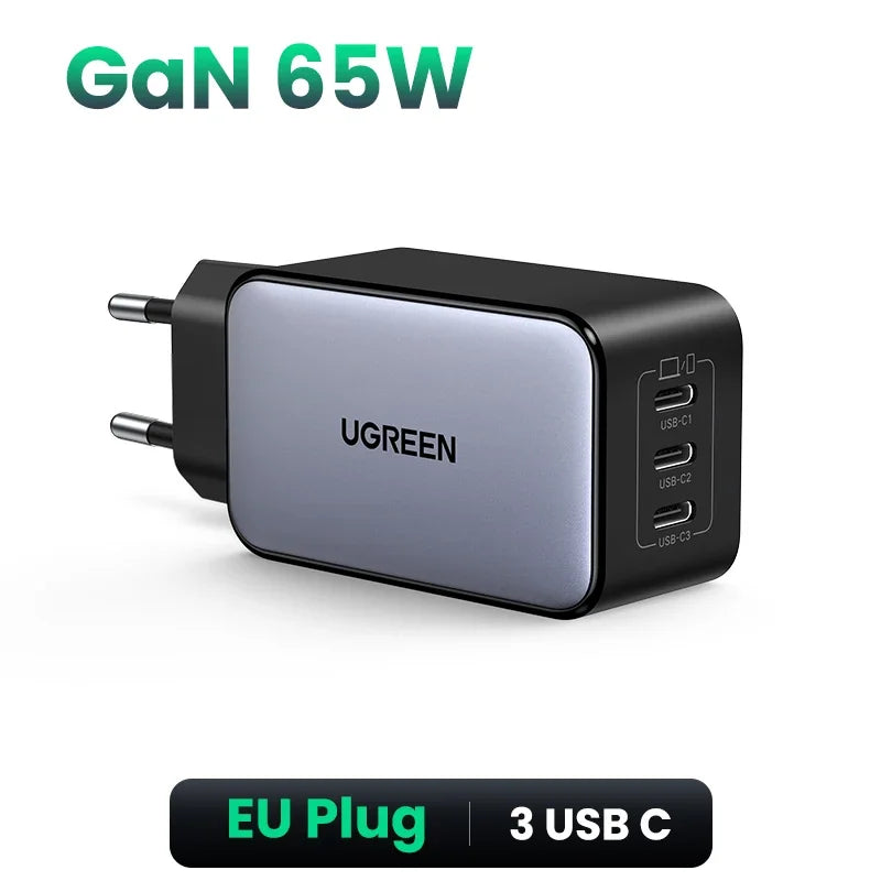 UGREEN 65W GaN Charger Quick Charge 4.0 3.0 PPS PD 3.0 Fast Charger 3 USB C For Macbook Air Laptops Tablets iPhone 18 17 16 Pro