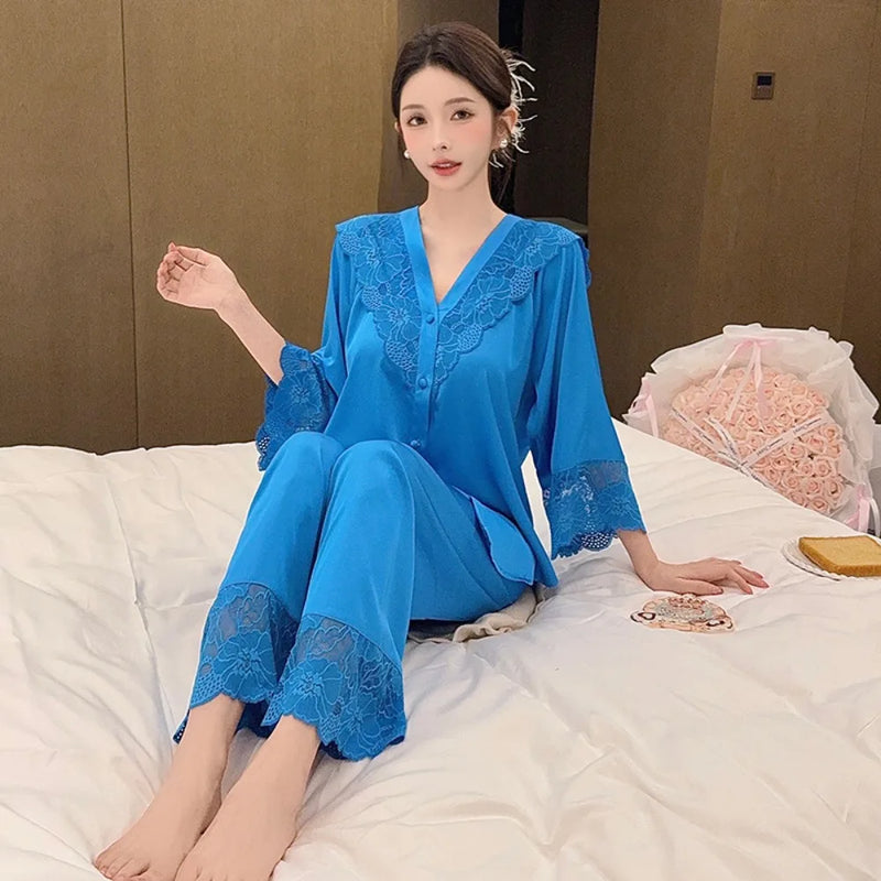 Elegant Women Pajamas Thin Home Clothes 2 Piece Loungewear Spring Autumn Long Sleeve Sleepwear Suit Elastic Waist Pants Pijama
