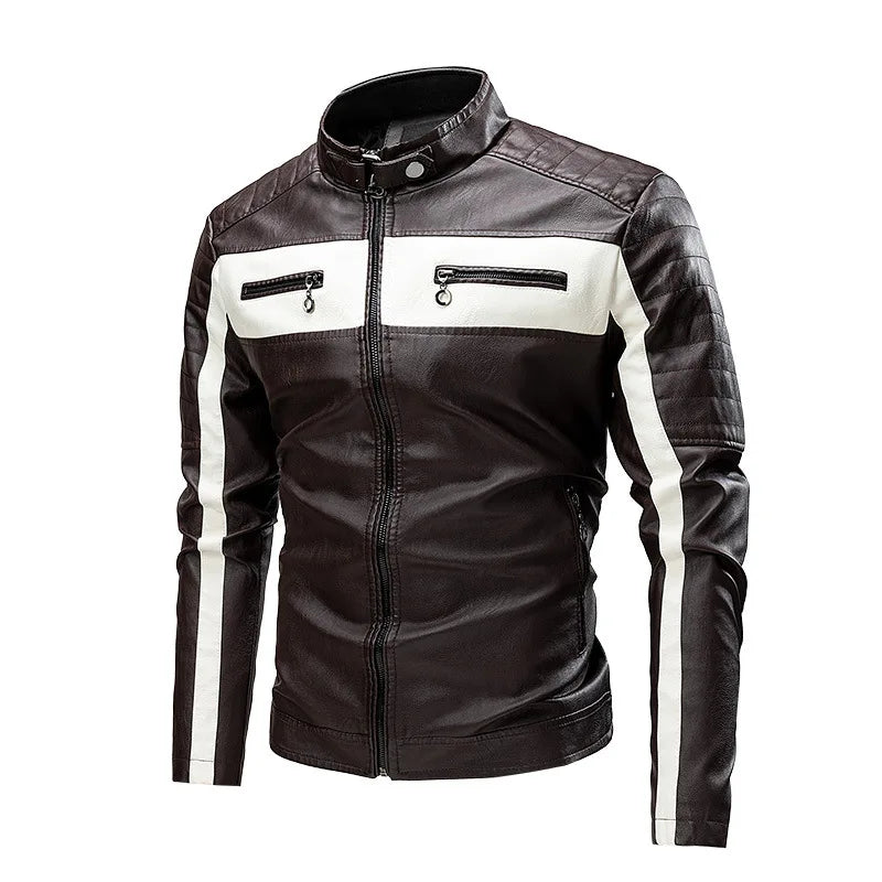 Autumn Men's Stand Collar Color-Block PU Jacket, Black Faux Leather Jackets, Spring Casual Coat. Asian Size Loose Fit Top.