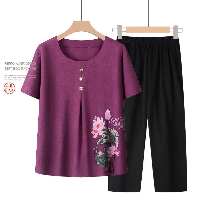 Cotton Printed Middle Aged Mother Sleepwear Short Sleeve Women's Pajamas Set Summer Home Wear Grandma Two Piece Outfit XL-4XL