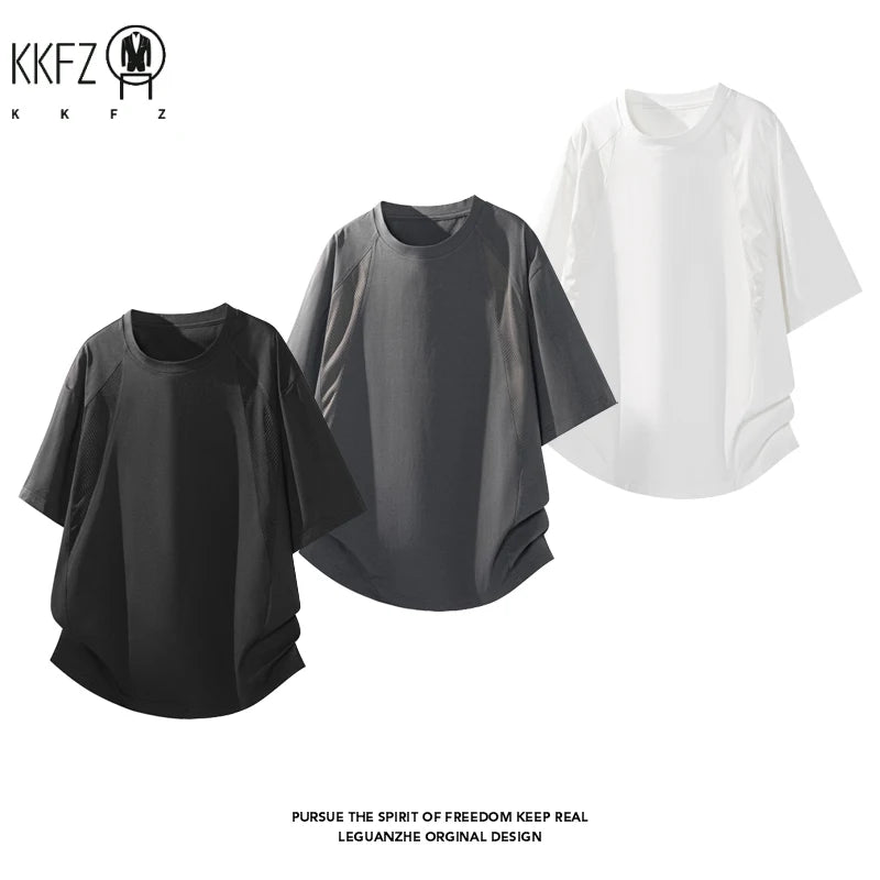Mens Loose Curved Hem Athletic Top Raglan Short Sleeve Mesh Spliced Quick Dry T Shirt For Gym Training Travel Outdoor Scenarios