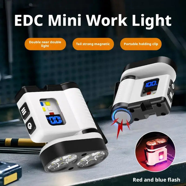 ពិលតូច 10LED ជាមួយ USB សាកថ្ម អេក្រង់ឌីជីថល សញ្ញាព្រមានពណ៌ក្រហម/ខៀវ ភ្លើងការងារម៉ាញេទិកចល័តសម្រាប់ប្រើប្រាស់ក្រៅផ្ទះ