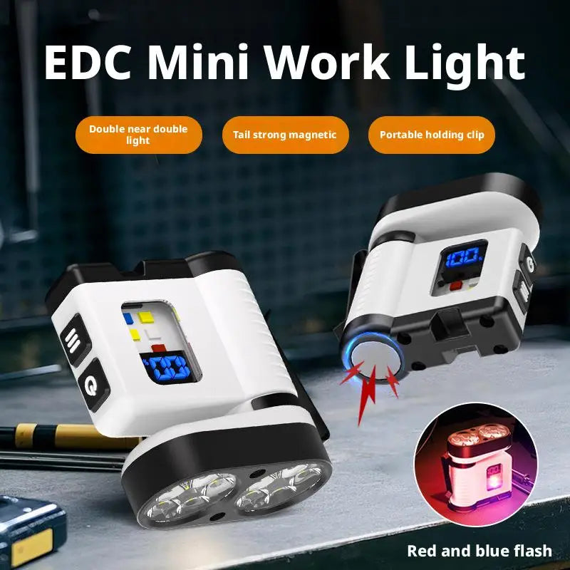 ពិលតូច 10LED ជាមួយ USB សាកថ្ម អេក្រង់ឌីជីថល សញ្ញាព្រមានពណ៌ក្រហម/ខៀវ ភ្លើងការងារម៉ាញេទិកចល័តសម្រាប់ប្រើប្រាស់ក្រៅផ្ទះ