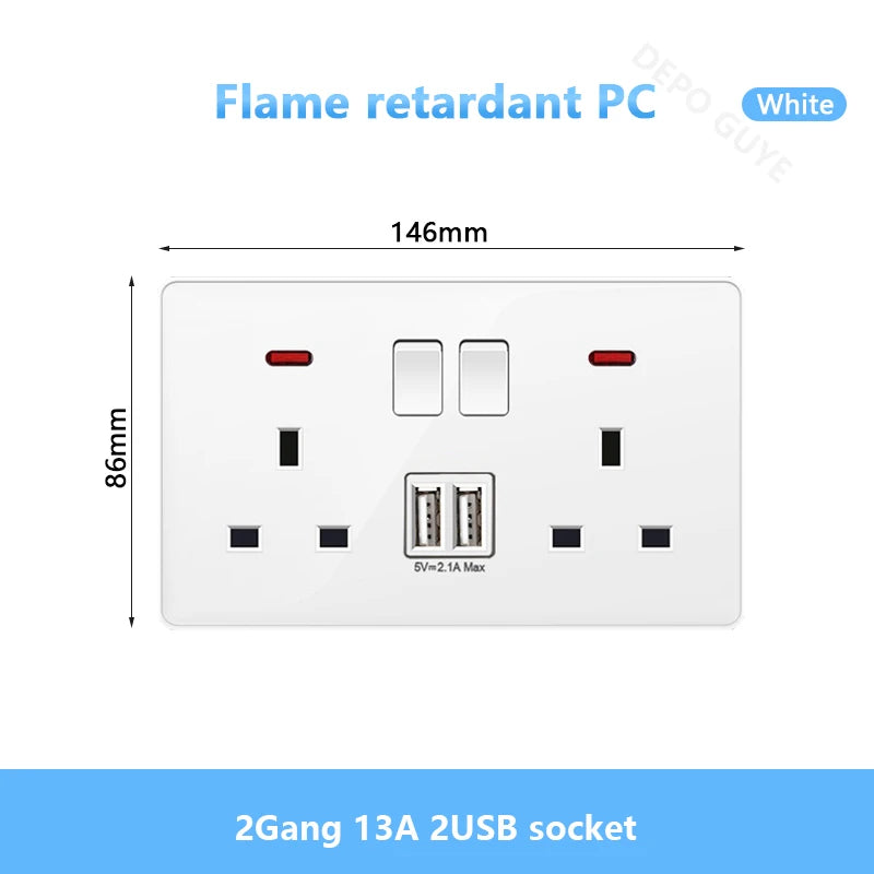 White UK Standard 13A USB Wall Socket Panel,Universal 18W Type-c Quick Charge Socket Plug,Wall Light Switch Electrical outlet