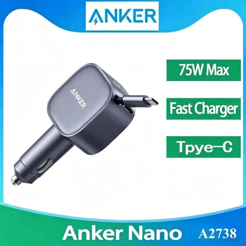 ឆ្នាំងសាករថយន្ត Anker A2738 Nano 75W USB-C ខ្សែ Type-C ដែលអាចដកថយបាន PD Fast Car Adapter សម្រាប់ iPhone Samsung MacBook Laptop