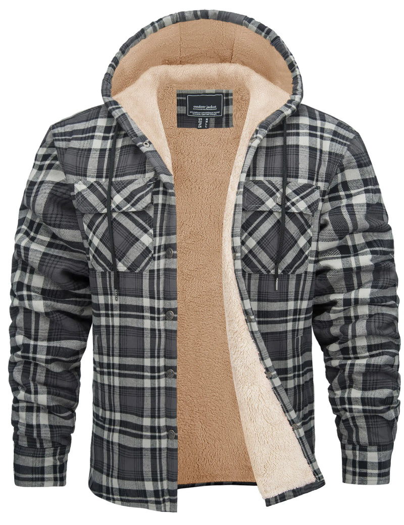 TACVASEN Mens Sherpa Lined Flannel Hoodies Jacket Heavyweight Hooded Fleece Thicken Warm Button Down Plaid Jacket Outwear Coats