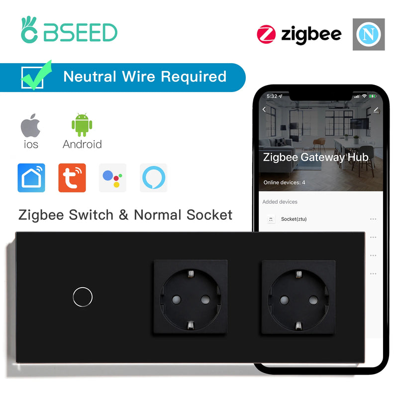 BSEED Zigbee Touch Switch 1/2/3Gang 2/3Way Smart Wall Switch Plus EU Socket Tuya Google Home App Alexa Control Need Neutral Wire