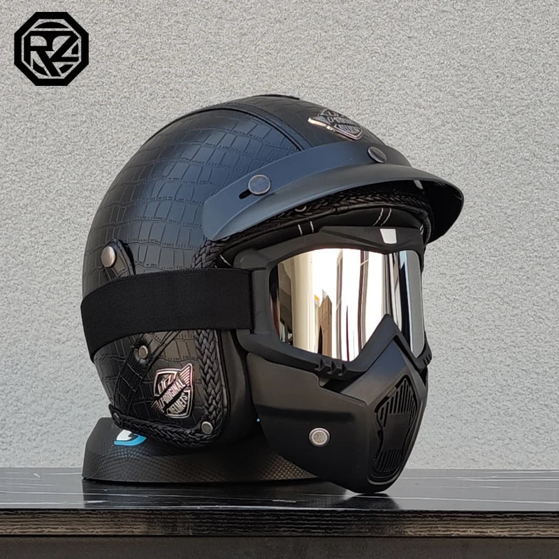 【ORZ】Retro Leather 3/4 Open Face Motorcycle Helmet, PU Leather Shell Cafe Racer Scooter Motorbike Half Helmet for Men Women
