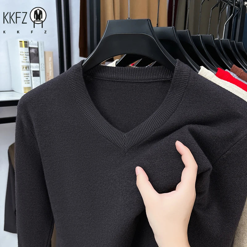 Classic V Neck Knitted Top Men Long Sleeve Smooth Knit Rib Trim Suitable For Layering Everyday Casual Look