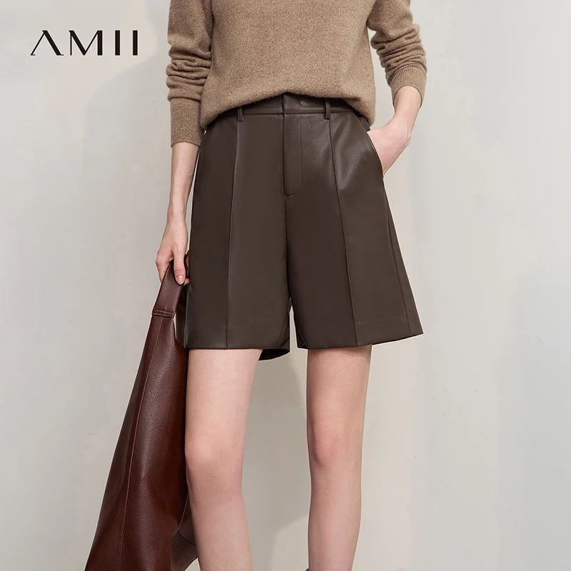 AMII ខោខ្លីសម្រាប់នារី រដូវរងា ឆ្នាំ២០២៥ ធ្វើពីស្បែកសុទ្ធ មិនយឺត សម្រាប់ធ្វើដំណើរទៅធ្វើការ សម្លៀកបំពាក់នារី ងាយស្រួលប្រើ 12524079