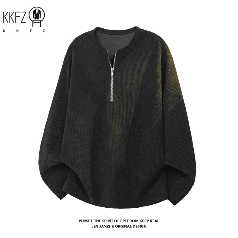 Male Loose Fit Ribbed Corduroy Long Sleeve Shirt Half Zipper Crew Neck Airy Fabric For Office Commute Leisure Occasions