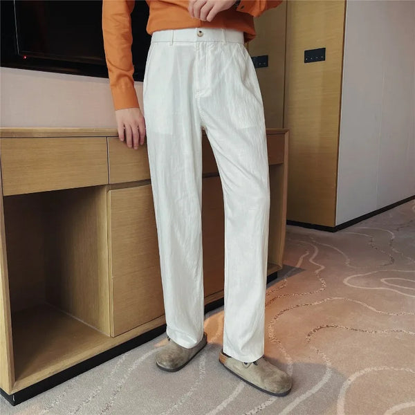 Men's Tencel Linen Blend Relaxed-Fit Straight Trousers – Breathable Summer Casual Pants with Elastic Waist & Cooling Texture