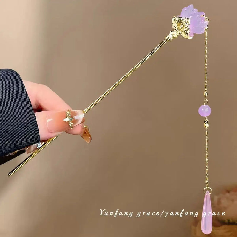 New Chinese Style Flower Tassel Hairpin, Pearl Hair Stick, Elegant Vintage Hair Fork Women Wedding Hair Accessory
