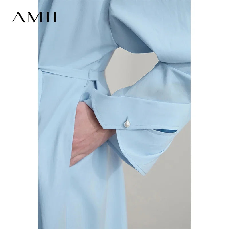 Amii Minimalist Women's V-Neck Dress 2026 Autumn New Bud Sleeve with Belt Solid Color Casual Elegant A-shaped Dress 12541108