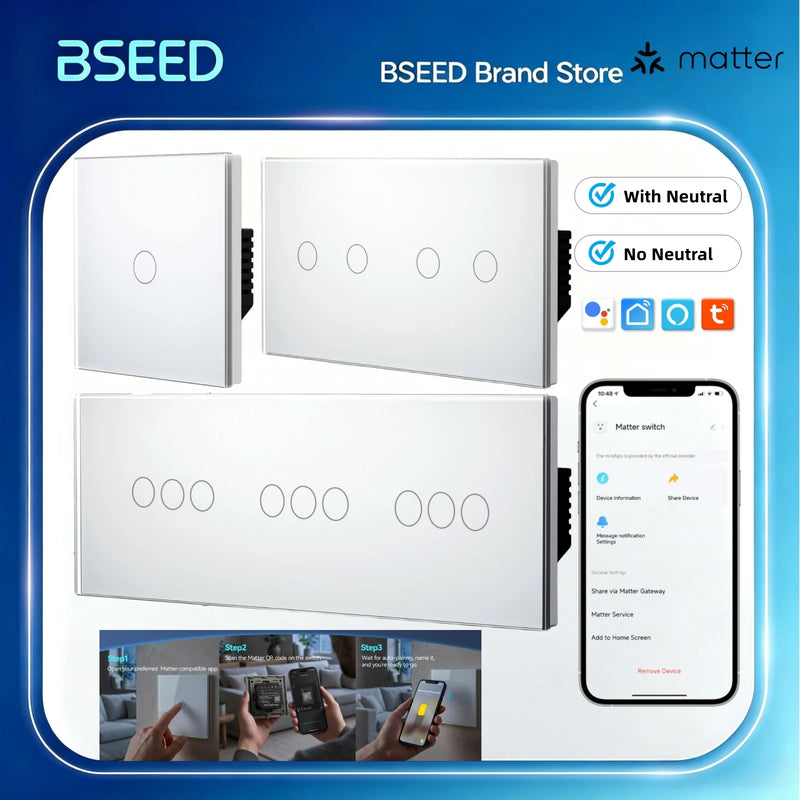 BSEED Matter Smart Touch Light Switch No Neutral Wire &Neutral Wire Work With Apple Home Tuya APP Google Assistant Voice Control