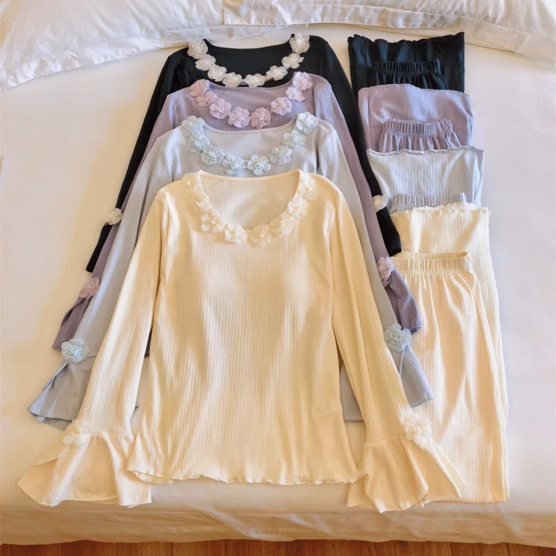 Spring Autumn Women's Pajamas New Homewear Suit Winter Sleepwear Set Cotton Long Sleeve Sleeping Home Clothes Breast Pad Suit