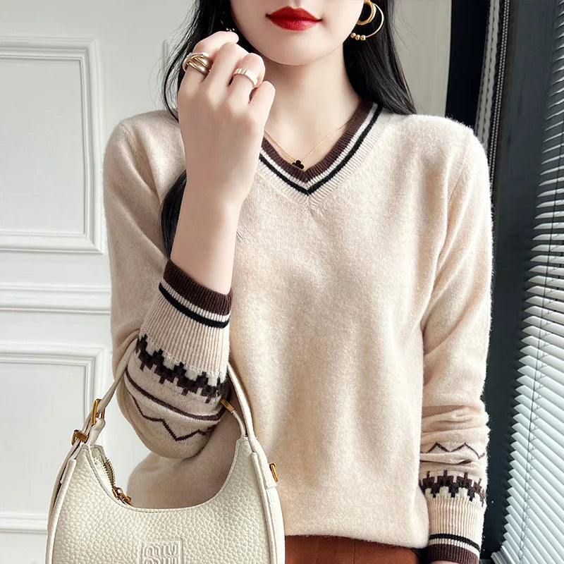 Fashion Hot Sweater Women Spring Autumn Outerwear Jumper Woolen Long Sleeve V Neck Tops Female Knitting Pullover Blouse