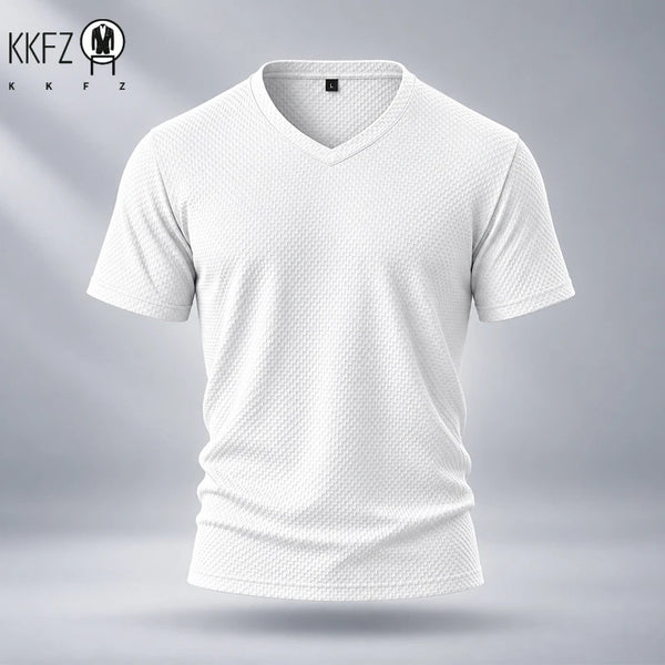 Waffle Textured Fabric Mens V Neck Short Sleeve Top Durable Stitching Soft Stretchy Design For Outdoor Daily Scenes