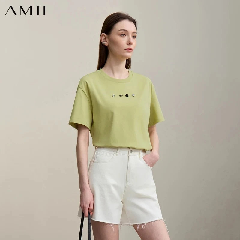 អាវយឺតរដូវក្តៅរបស់ស្ត្រី Amii ឆ្នាំ ២០២៦ អាវយឺតកប្បាស Rhinestone បីវិមាត្រថ្មីសម្រាប់ស្ត្រី 12642019 ដៃខ្លី 12642019