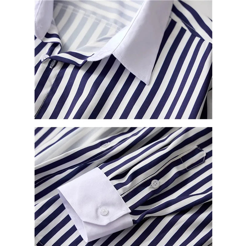2026 Men's Classic Vertical Stripe Long Sleeve Shirt, Single Breasted Lapel Shirts, White Red Khaki Available, European Size