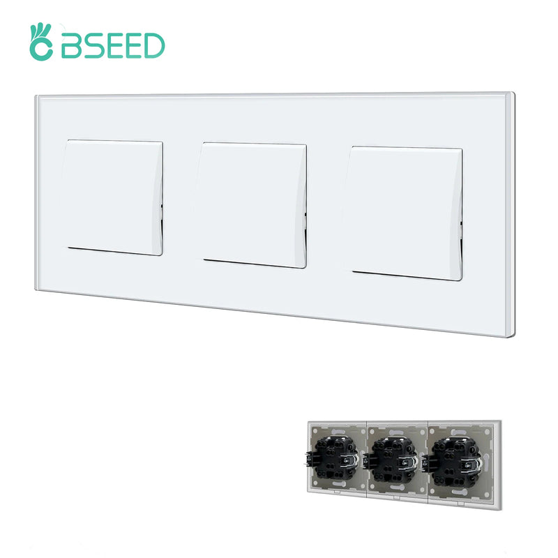 BSEED EU Standard Wall Light Switch 1/2Gang 1/2Way Toggle Switch Glass Panel White Color Wall Switch On Off 10A 250V for Stairs