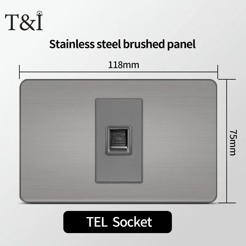T&I 118 Premium Stainless Steel Brushed Wall Socket with USB Type - C, US Switch, Thai Plug for Home & Office Use