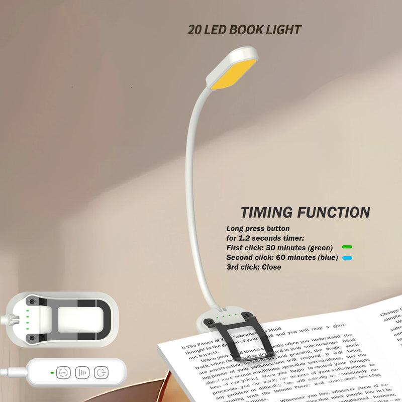 ភ្លើងអានសៀវភៅ LED 20/25 ដែលអាចសាកបានតាម USB មាន 3 ពណ៌ 5 កម្រិតពន្លឺ – ភ្លើងដោតច្រើនមុខងារសម្រាប់អានសៀវភៅពេលយប់