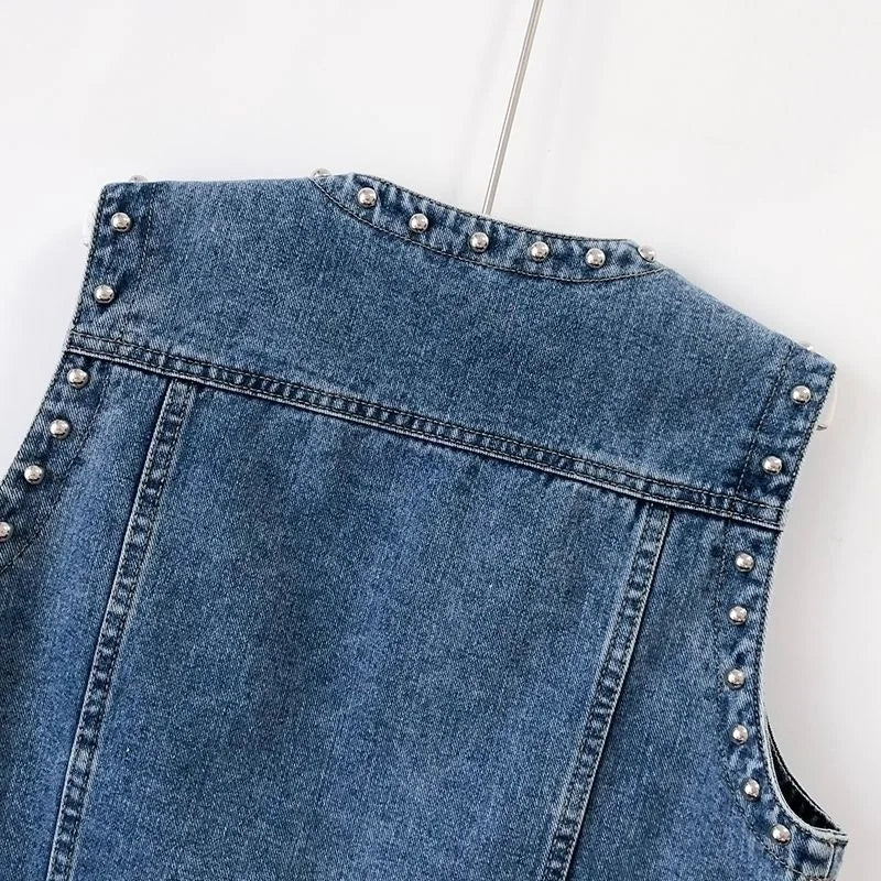 Fashion Rivet Denim Vest Women's Thin Short Spring Autumn Sleeveless Top Small Vest Outside Wear Jacket Female Waistcoat