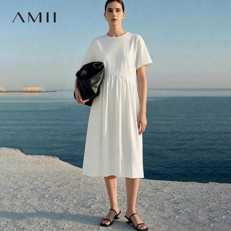 Amii 100% Cotton Midi Dress 2026 Summer New Round Neck Drop Shoulder Short Sleeve Simple Office Casual Dress For Women 12642119