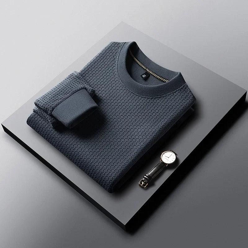 Mens Casual Stretch Long Sleeve Pullover Top Crew Neck Waffle Knit Texture Shirt Breathable Fabric Daily Wear
