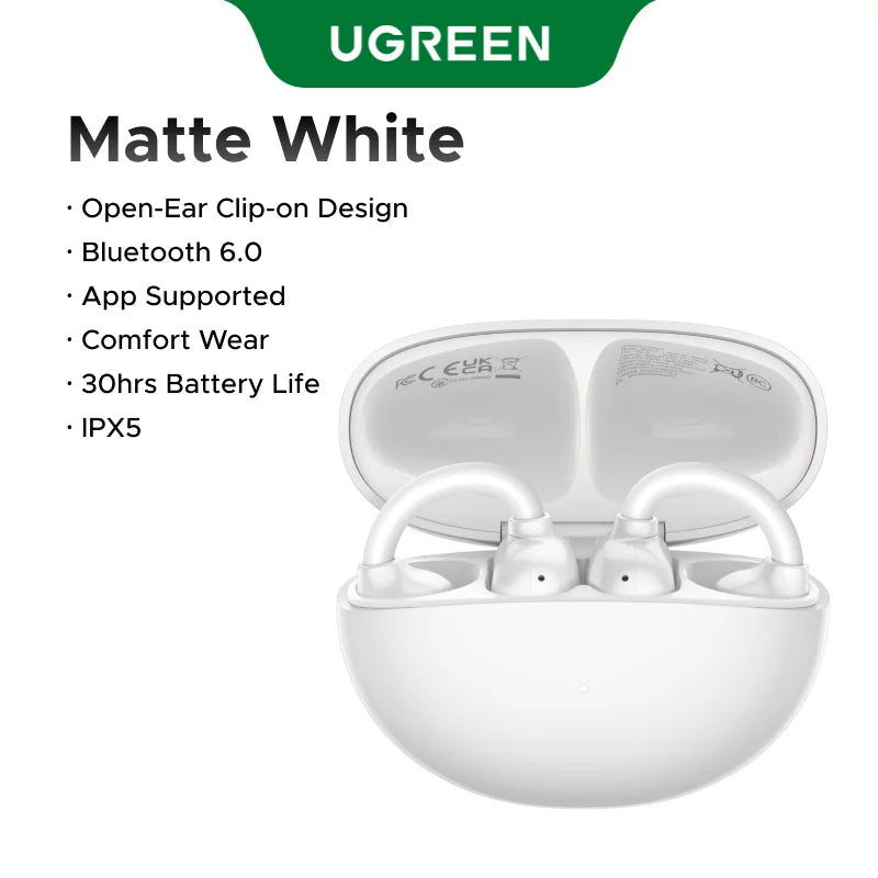 UGREEN ClipBuds Open-Ear Wireless Headphones Bluetooth 6.0 with 4 Mic Clear Call, Earbuds Clip on Earphones 30H Playtime