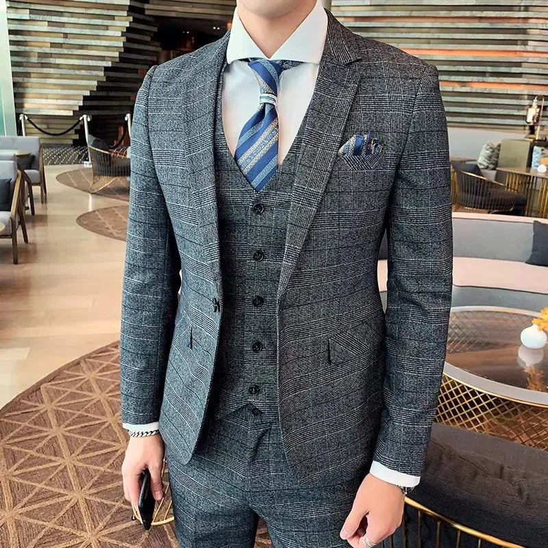 2026 Men Black Classic Striped/Checked Suits, Men's Business Office 3-Piece, Asian Size Slim Fit Sets, Blue/Gray Available