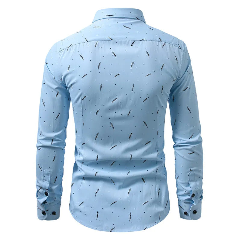 Men's Blue Long-sleeve Shirt with Feather-print Design; Thin Fabric Slim-fit Top in Asian Sizes. Available in Red or Black.