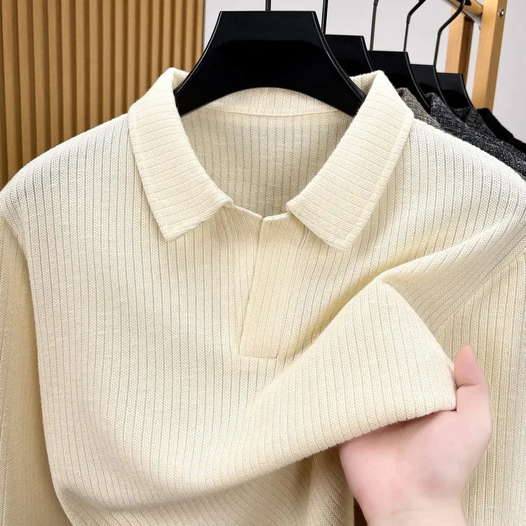 Premium Mens Knitted Polo Long Sleeve Tops Fine Rib Texture Stretch Fabric Turn Collar For Daily And Business Occasions