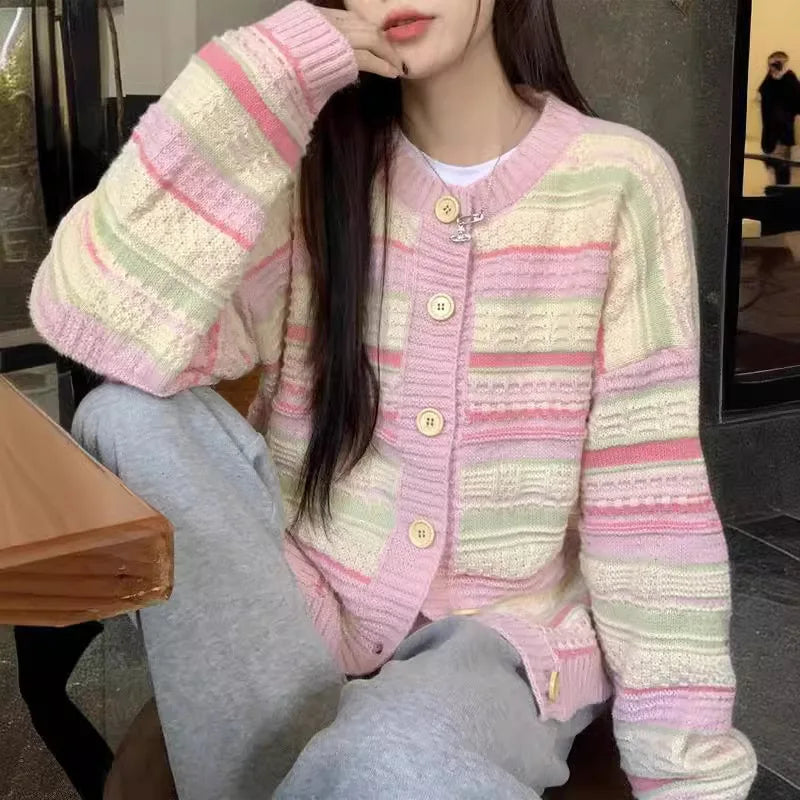 Soft Contrasting Color Striped Crew Neck Knitted Cardigan Coat Women's Autumn Winter Top Casual Sweater Jacket Knitwear Traf