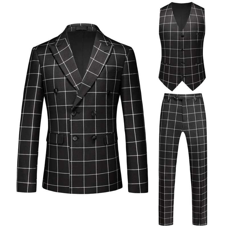 Men's Black-White Striped Plaid Suit 3-Piece, Wedding Party Dress Jacket and Vest with Trousers, Asian Sizes Red Slim Fit Sets.