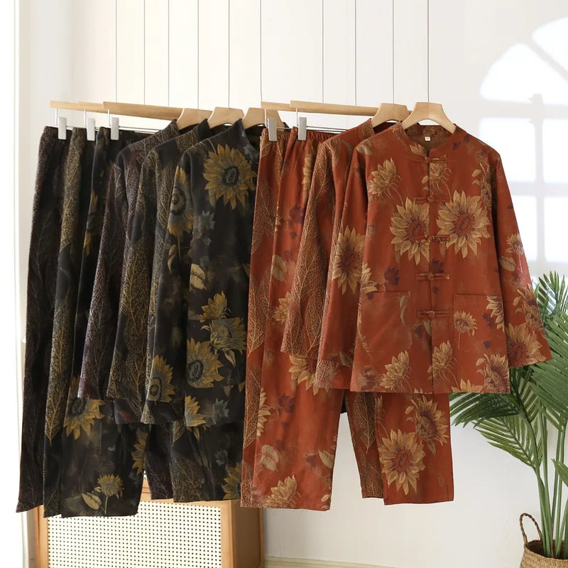 Retro Floral Pyjama Couple Homewear Autumn Sleepwear Cotton Long Sleeve Loungewear Sets Women Pajama Set 2-Piece Home Wear