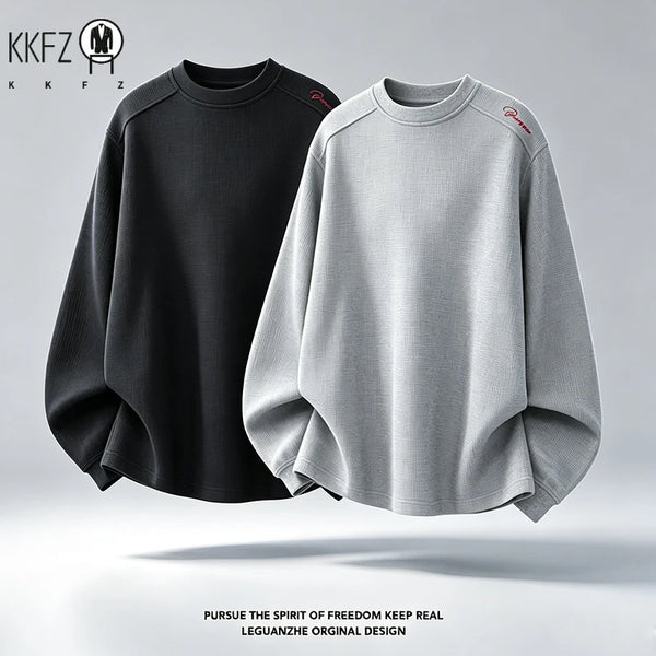 Men Basic Waffle Knit Round Neck Shirt Raglan Long Sleeve Shoulder Embroidery Oversized Fit Male Casual Top