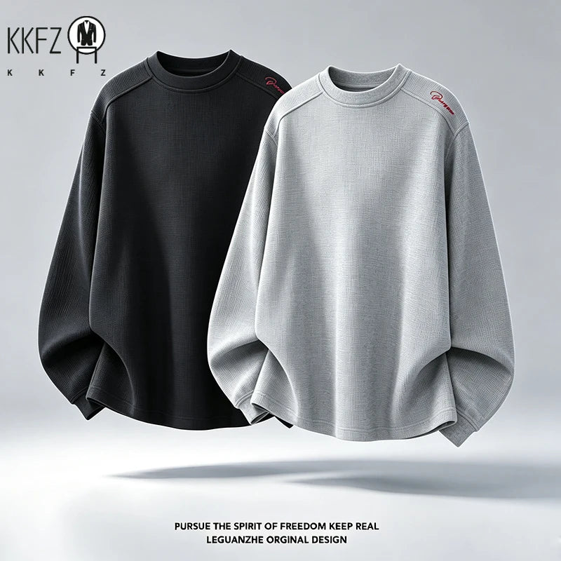 Men Basic Waffle Knit Round Neck Shirt Raglan Long Sleeve Shoulder Embroidery Oversized Fit Male Casual Top