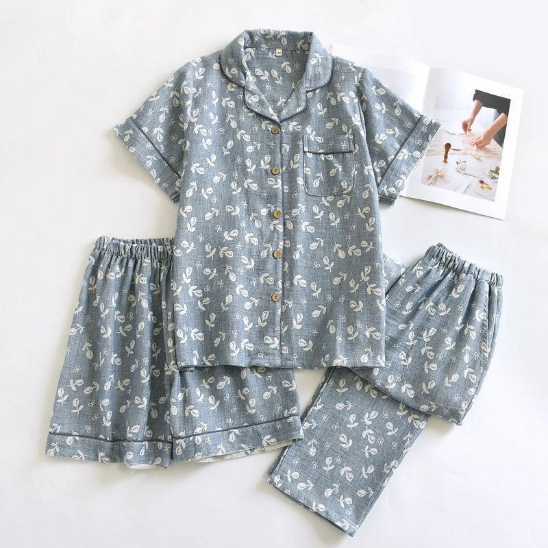 Retro Floral Summer Pajamas Lapel Short Sleeve Sleepwear Women's Cotton Home Wear New Three-Pieces Pyjama Set Woman Nightwear